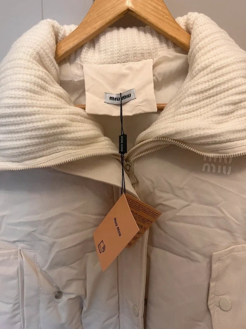 Miu Miu Cream Cropped Puffer with Ribbed Shawl Collar - Picture 6 of 6